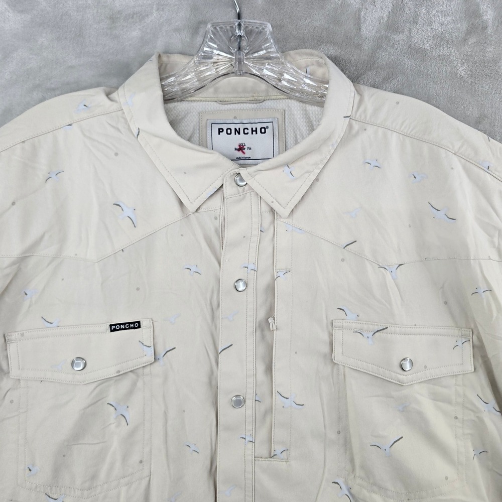 Poncho Western Shirt Men 3XL Beige Seagull Print Pearl Snap Short Sleeve Fishing